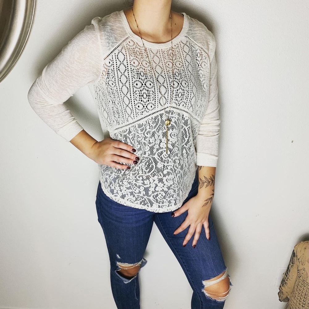 Lace long sleeve tee shirt off white boho top large XL Medium